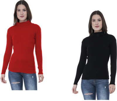 Indistar Solid High Neck Casual Women Red, Black Sweater