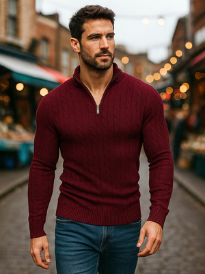 TYSORT Self Design Turtle Neck Casual Men Maroon Sweater