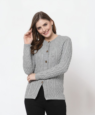KALT Self Design Round Neck Casual Women Grey Sweater