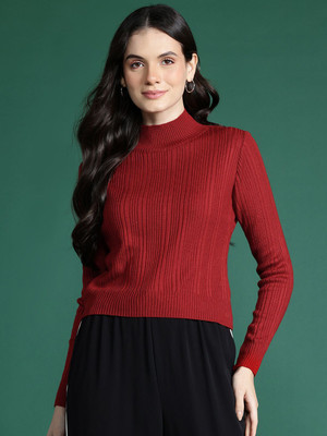 Dressberry Self Design Turtle Neck Casual Women Red Sweater