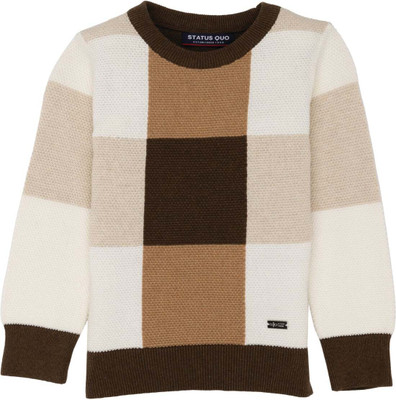 Status Quo Checkered Round Neck Casual Boys Brown Sweater