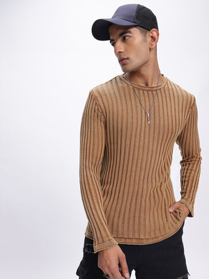 Glitchez Self Design Round Neck Casual Men Brown Sweater