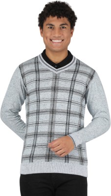 MONTE CARLO Checkered V Neck Casual Men Blue Sweater