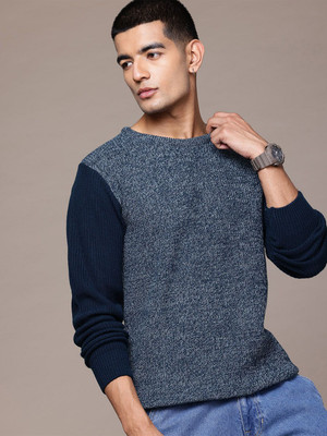 Roadster Solid Round Neck Casual Men Blue Sweater