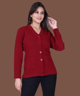 jorden4u Self Design V Neck Casual Women Maroon Sweater
