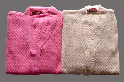 Shunit creation Self Design V Neck Lounge Wear Women Pink, Beige Sweater