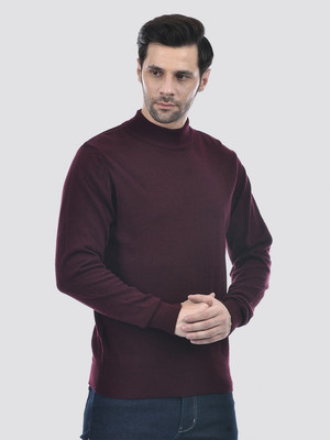NUMERO UNO Solid High Neck Casual Men Maroon Sweater