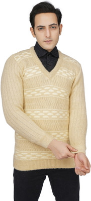 WOOLVALLEY Self Design V Neck Casual Men Yellow Sweater