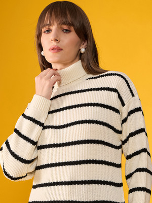 98 Degree North Striped High Neck Casual Women Black, Beige Sweater