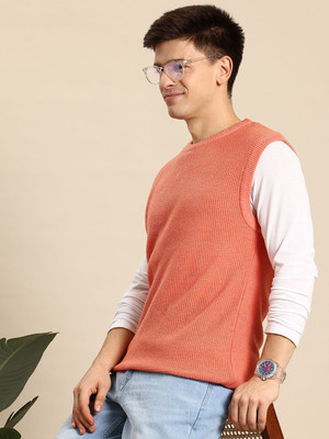 Mast & Harbour Self Design Round Neck Casual Men Orange Sweater
