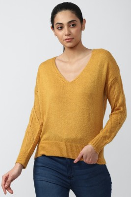 VAN HEUSEN Solid V Neck Casual Women Yellow Sweater