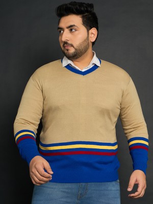 bigbanana Colorblock V Neck Casual Men Yellow, Blue Sweater