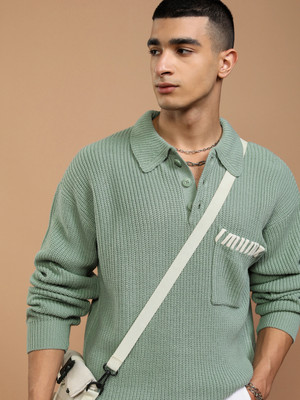 HIGHLANDER Self Design Collared Neck Casual Men Green Sweater
