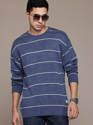 Roadster Striped Round Neck Casual Men Blue Sweater