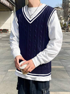 Eddicted Self Design V Neck Casual Men Dark Blue Sweater