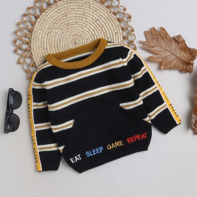 Yellow Apple Striped Round Neck Casual Baby Boys Black Sweater