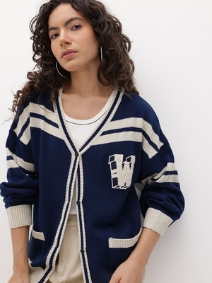 Roadster Self Design V Neck Casual Women Blue Sweater