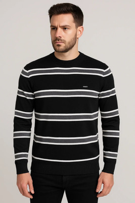 DAILYDUDE Striped Round Neck Casual Men Black Sweater