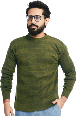 Life and style Self Design Round Neck Casual Men Green Sweater
