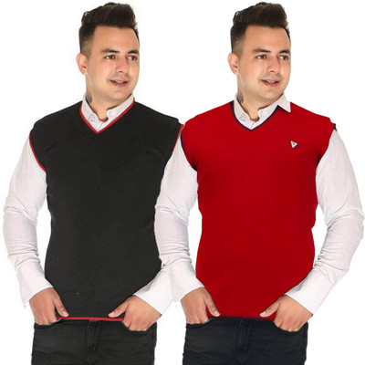 ARTHOMEINDIA Solid V Neck Casual Men Black, Red Sweater