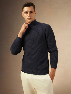 Dennis Lingo Self Design Turtle Neck Casual Men Dark Blue Sweater