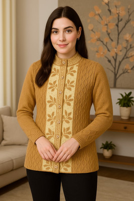 LUFEEP Printed V Neck Casual Women Gold Sweater