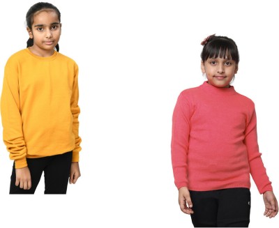 KAVYA Solid Round Neck Casual Girls Pink, Yellow Sweater