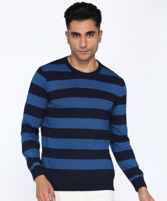 INDIAN TERRAIN Striped Crew Neck Casual Men Blue Sweater