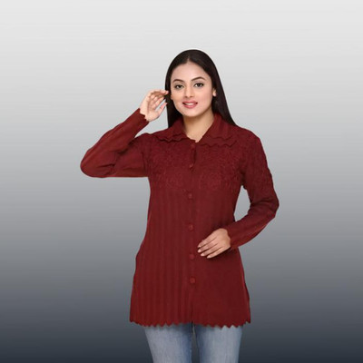 Ozarro Self Design Collared Neck Casual Women Maroon Sweater