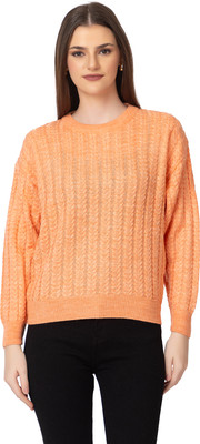 dadu dayal Self Design Round Neck Casual Women Orange Sweater