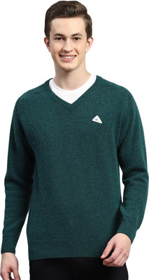 MONTE CARLO Solid V Neck Casual Men Green Sweater