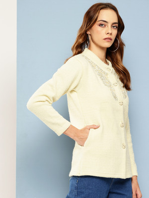 MUHURATAM Solid Collared Neck Party Women Yellow Sweater