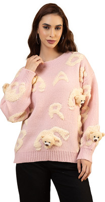 GFO Printed Round Neck Casual Women Pink Sweater