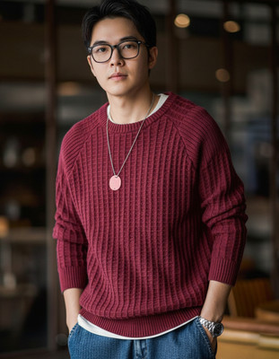 FASHLOOK Solid Round Neck Casual Men Maroon Sweater