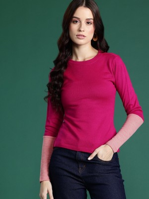 Dressberry Solid Round Neck Casual Women Pink Sweater