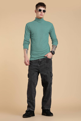 FASHLOOK Solid High Neck Casual Men Green Sweater