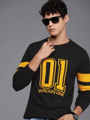 WROGN Printed Round Neck Casual Men Black Sweater