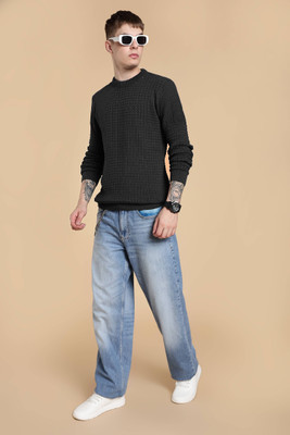 FASHLOOK Self Design Round Neck Casual Men Grey Sweater