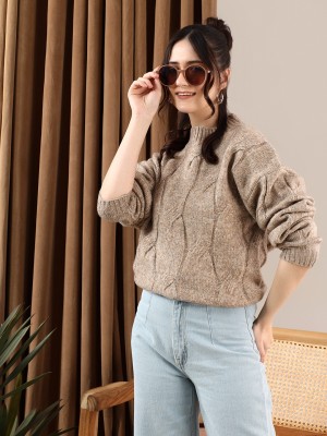 KOTTY Self Design High Neck Casual Women Brown Sweater