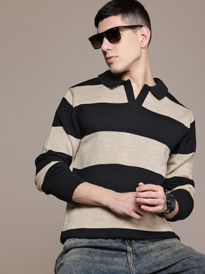 Roadster Striped Collared Neck Casual Men Beige Sweater