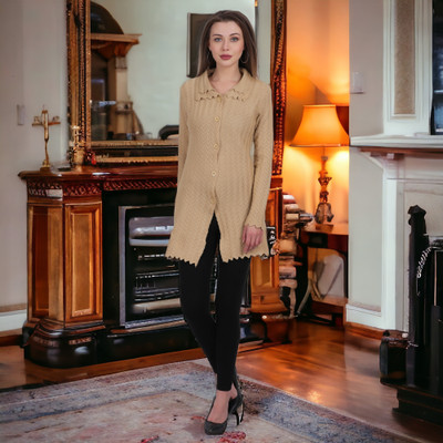 FUKUSO Self Design Collared Neck Casual Women Beige Sweater