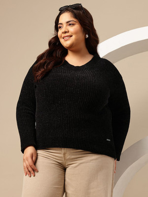 Sztori Solid V Neck Casual Women Black Sweater