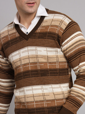 eWools Colorblock V Neck Casual Men Beige Sweater