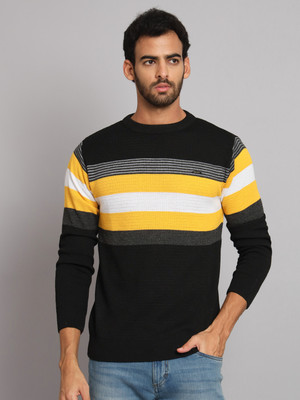 eWools Striped Round Neck Casual Men Black Sweater