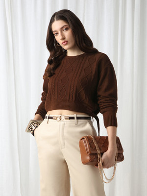 Globus Checkered Round Neck Casual Women Brown Sweater