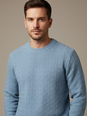 Merriment Self Design Round Neck Casual Men Light Blue Sweater