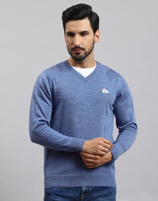 MONTE CARLO Solid V Neck Casual Men Blue Sweater