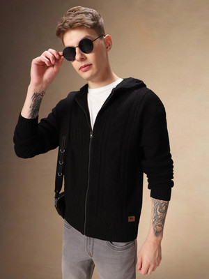Dennis Lingo Solid Hooded Neck Casual Men Black Sweater