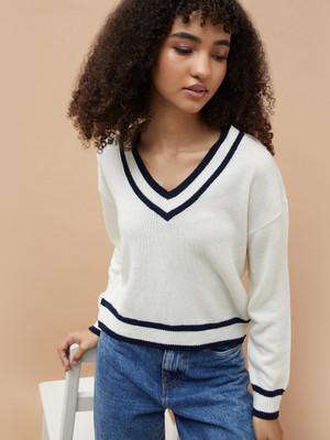 Ginger by Lifestyle Woven V Neck Casual Women White Sweater