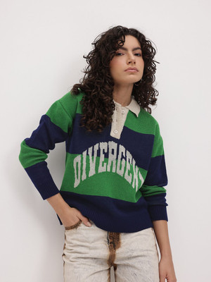 Roadster Self Design Peter Pan Collar Casual Women Green Sweater